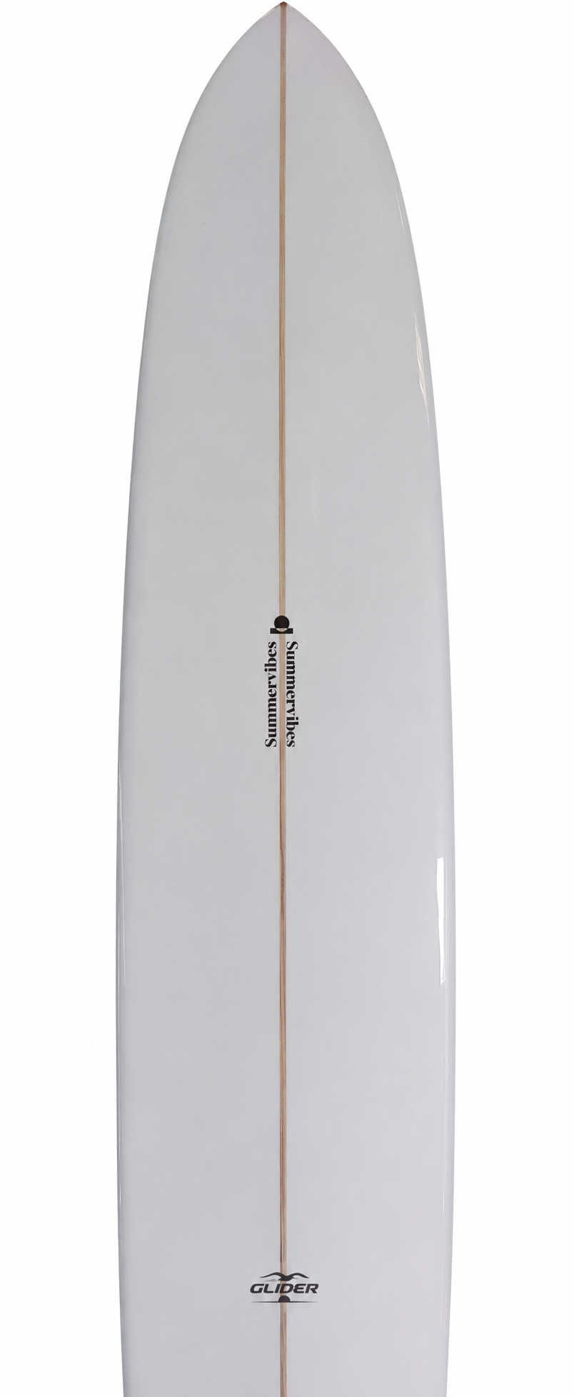 Summer vibes Glider White Wood Gloss surfboard nose and bottom detail with tail out of frame