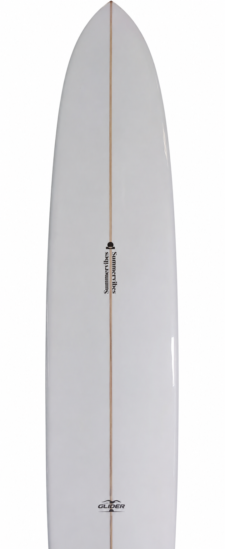 Summer vibes Glider White Wood Gloss surfboard nose and bottom detail with tail out of frame