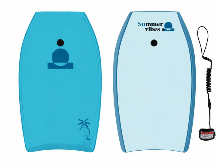 Summer vibes Grom Boogie Board 33" with Coil – Blue / Light Blue — front and back with black coil leash