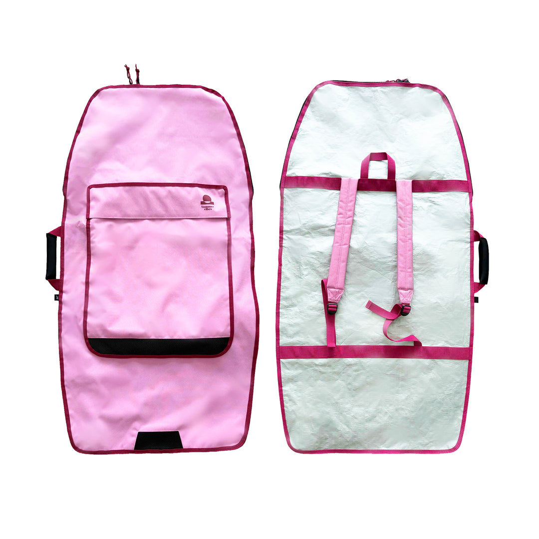 Summer vibes Lite Bodyboard Backpack in pink — front pocket and silver backpack reverse