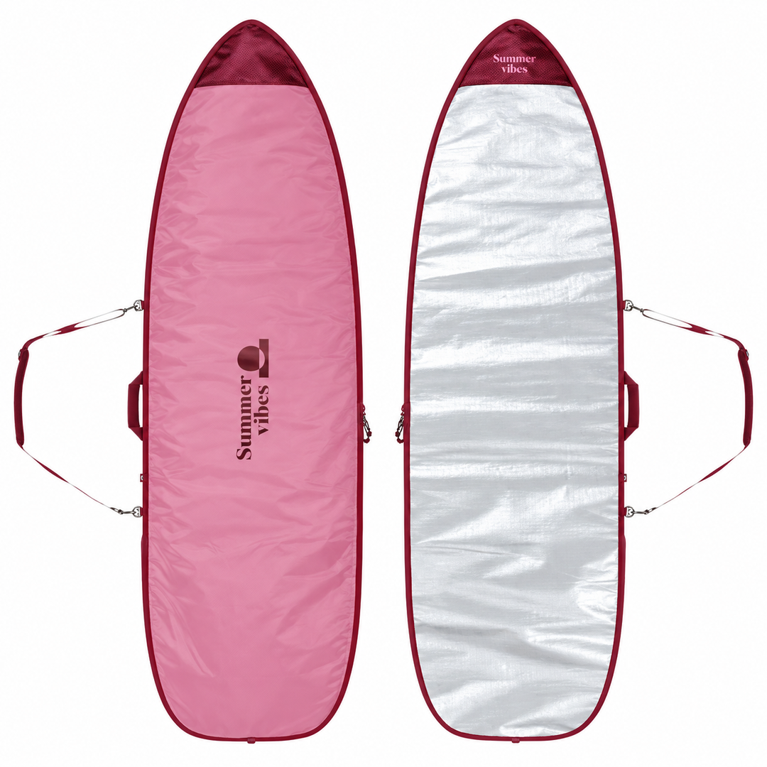 Summer vibes Lite Funboard boardbag in pink and burgundy, front and silver reverse