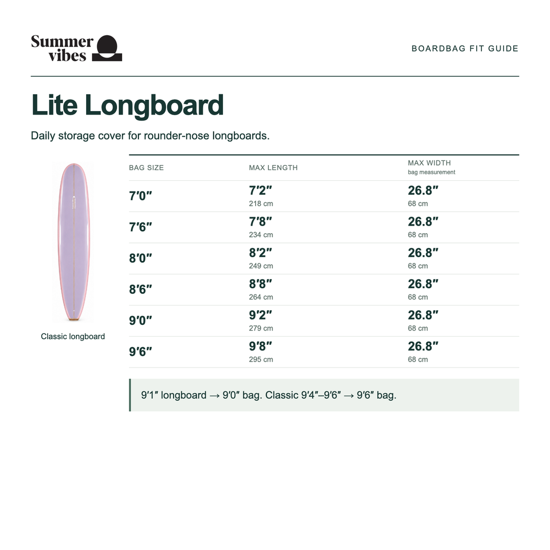 Summer vibes Lite Longboard size guide — maximum length and width in inches and centimetres