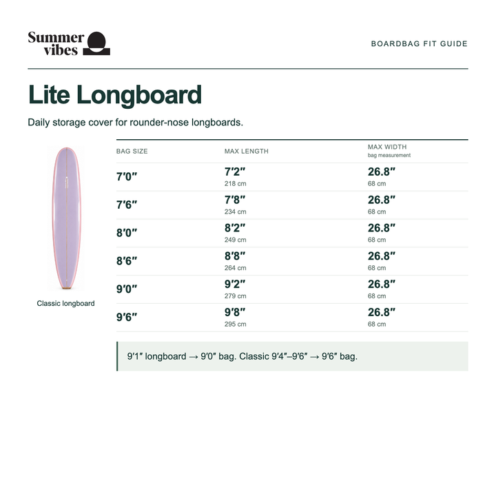 Summer vibes Lite Longboard size guide — maximum length and width in inches and centimetres