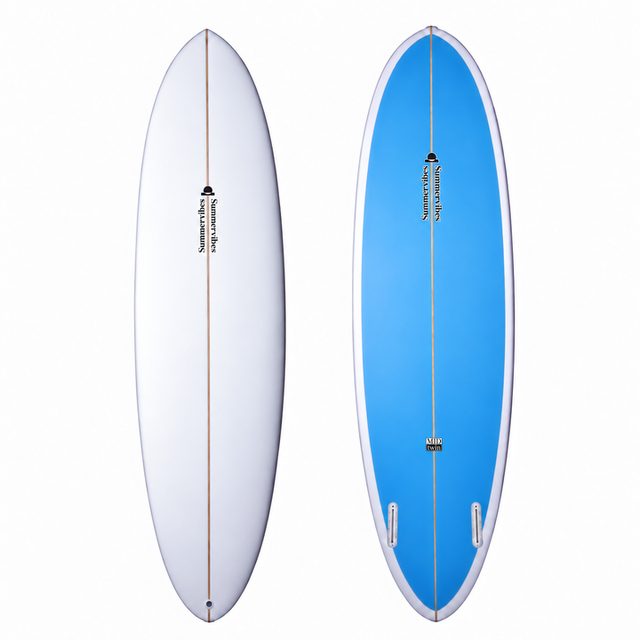Summer vibes Mid Twin surfboard in white and blue, showing the deck and twin-fin underside.