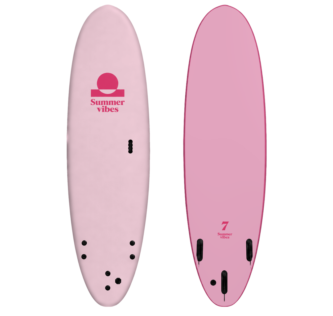 Summer vibes Mini Mal softboard in pink, deck and bottom views