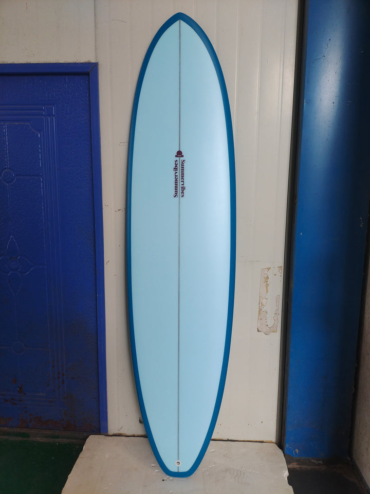 Summer vibes Mini Mal Funboard Surfboard – Blue/Berry — full deck factory photo