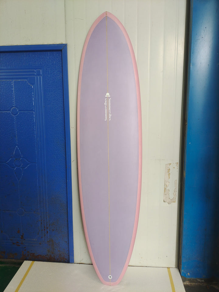 Summer vibes Mini Mal Funboard Surfboard – Pink/Lilac — full deck factory photo