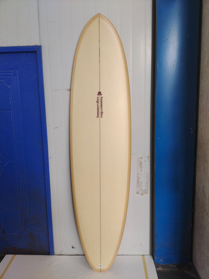 Summer vibes Mini Mal Funboard Surfboard – Tan/Berry — full deck factory photo