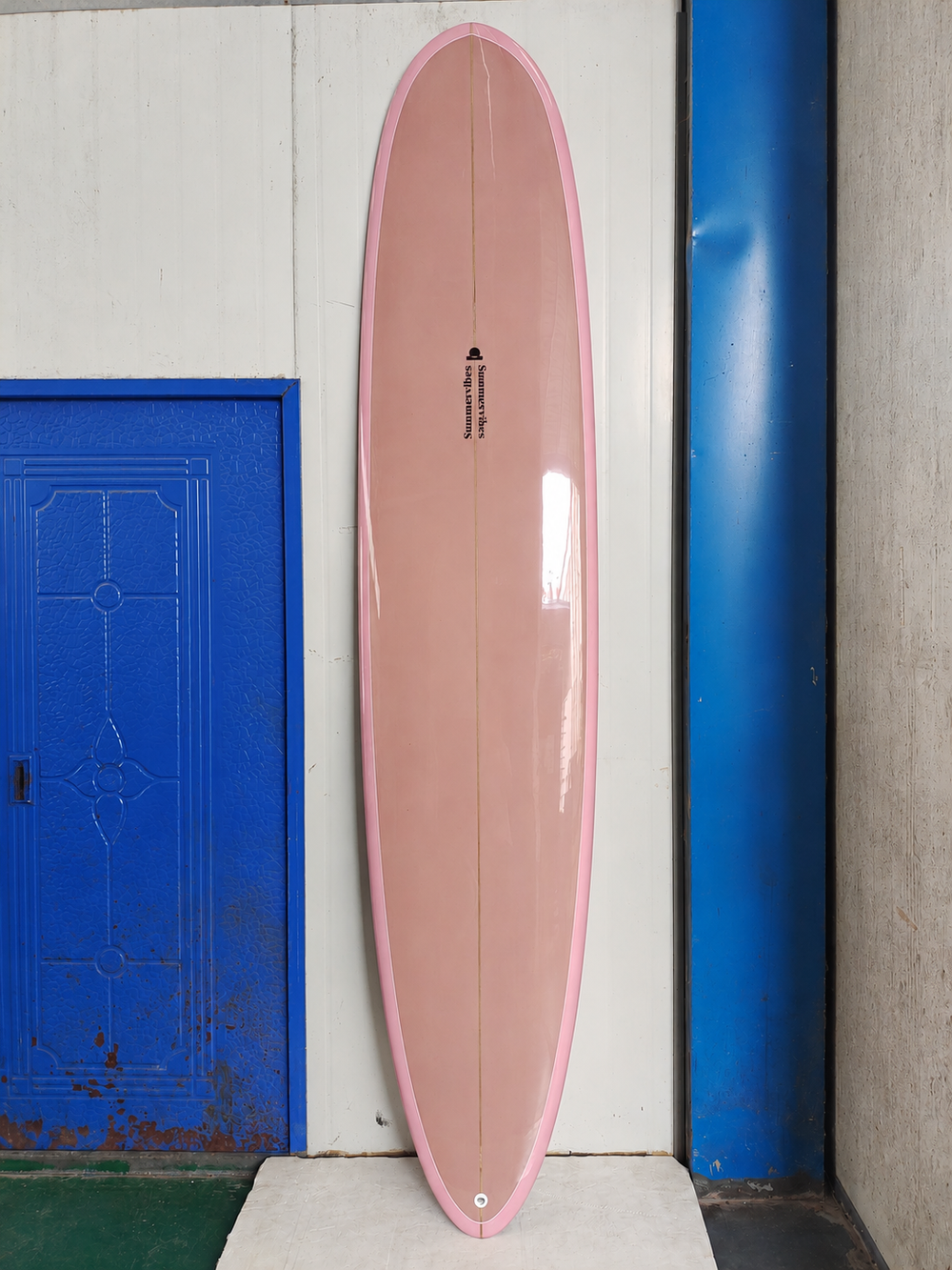 Summer vibes Performance Longboard Surfboard - 9'1 – Pink/Blush Gloss — full deck factory photo