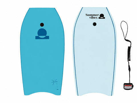 Summer vibes Sessions Boogie Board – Blue — front and back with black coil leash