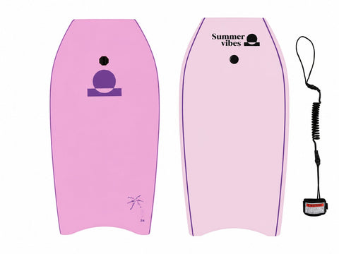 Summer vibes Sessions Boogie Board – Pink — front and back with black coil leash