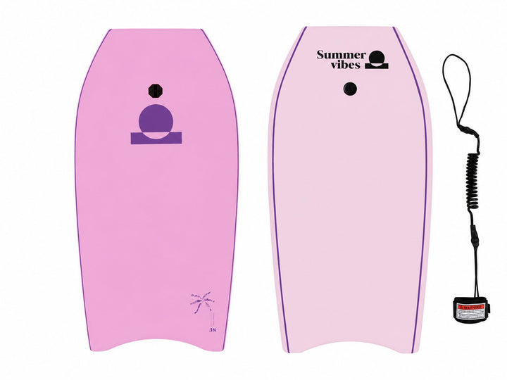 Summer vibes Sessions Boogie Board – Pink — front and back with black coil leash