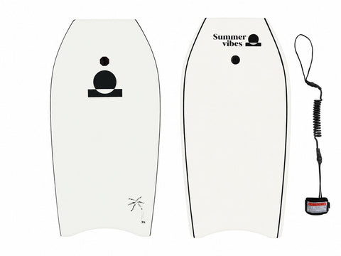 Summer vibes Sessions Boogie Board – White / Black — front and back with black coil leash