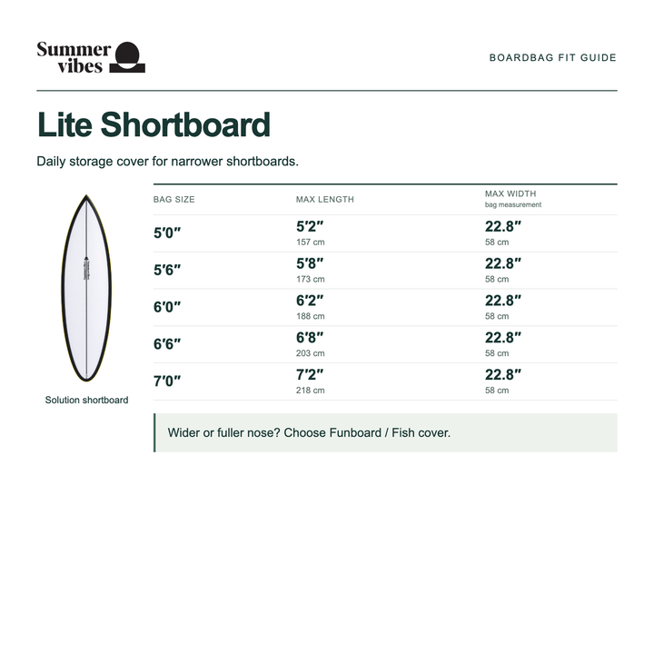 Summer vibes Lite Shortboard size guide — maximum length and width in inches and centimetres