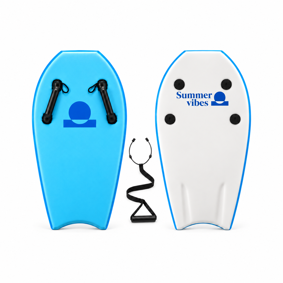 Summer vibes blue towable bodyboard, front and back with handles, tail channels and parent tow strap