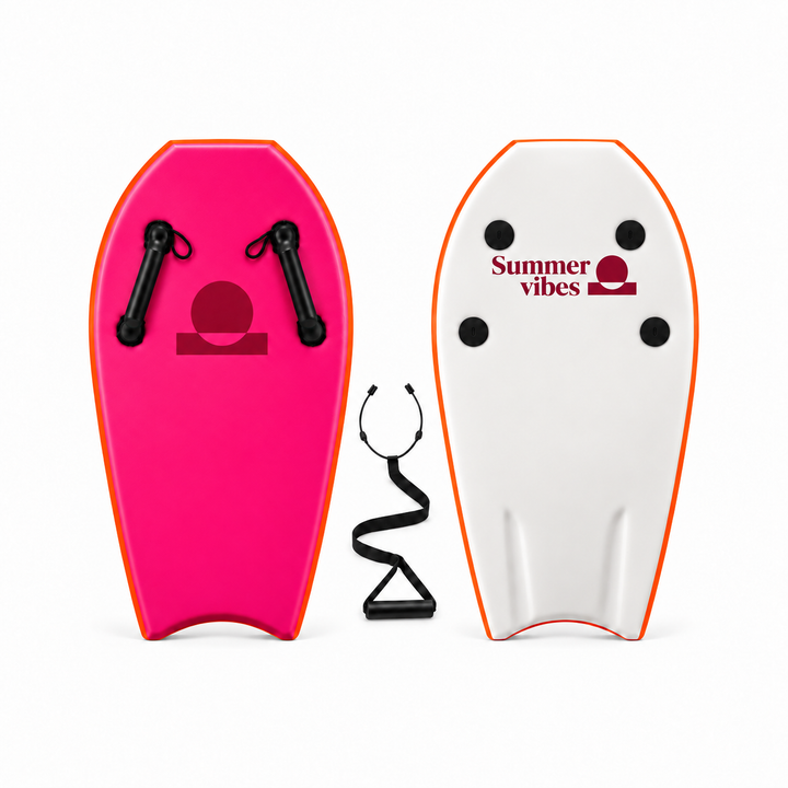 Summer vibes pink towable bodyboard, front and back with handles, tail channels and parent tow strap