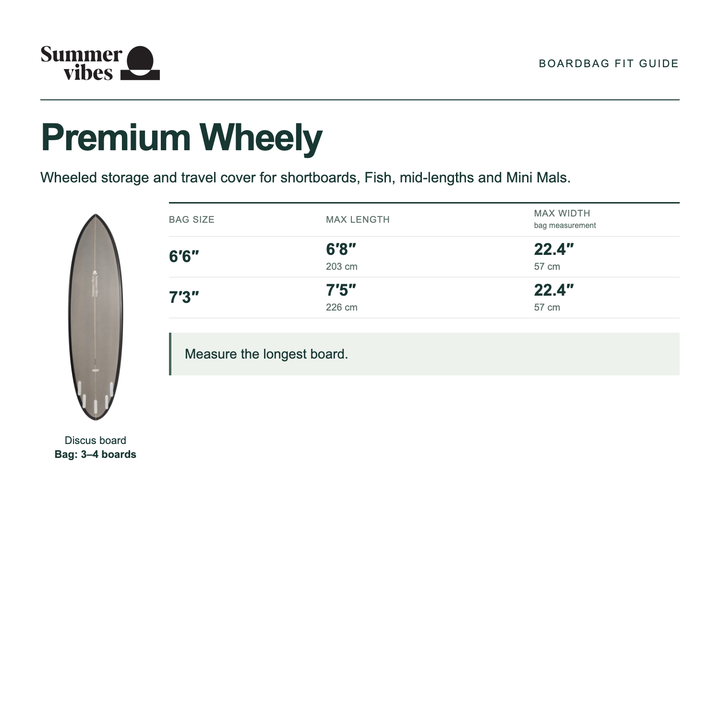 Summer vibes Premium Wheely size guide — maximum length and width in inches and centimetres