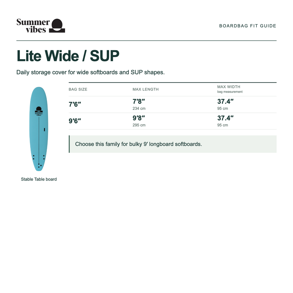 Summer Vibes Wide / SUP boardbag size guide, maximum width 95 cm