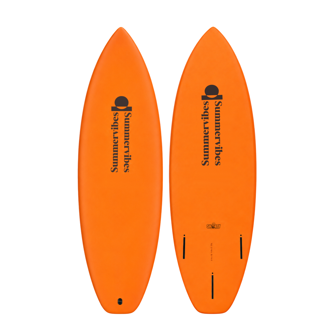 Shorty 5’4 · Orange softboard — deck and underside