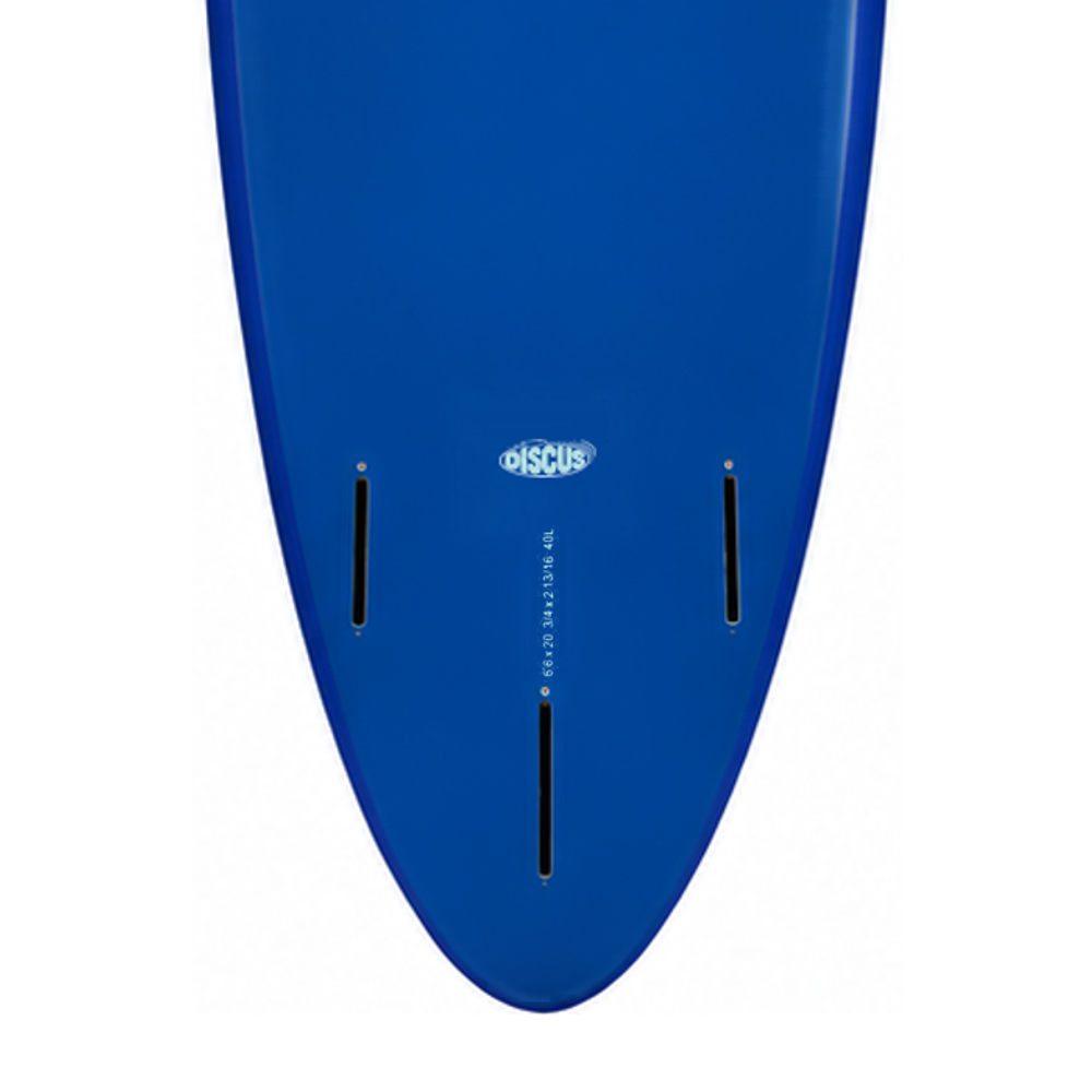 Discus 6’6 · Blue softboard — underside model badge, size print and fin boxes