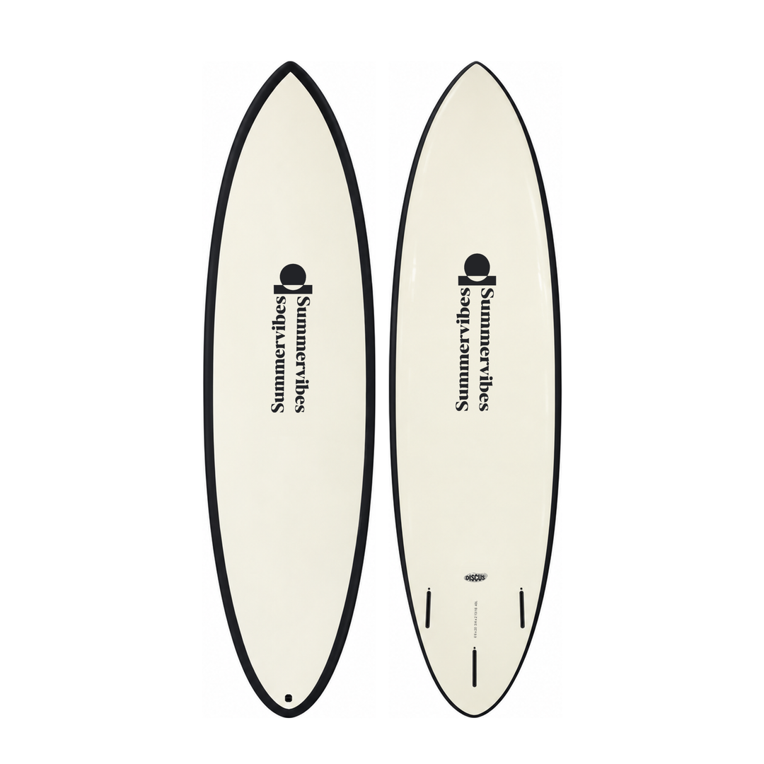 Discus 6’6 · White / Black softboard — deck and underside