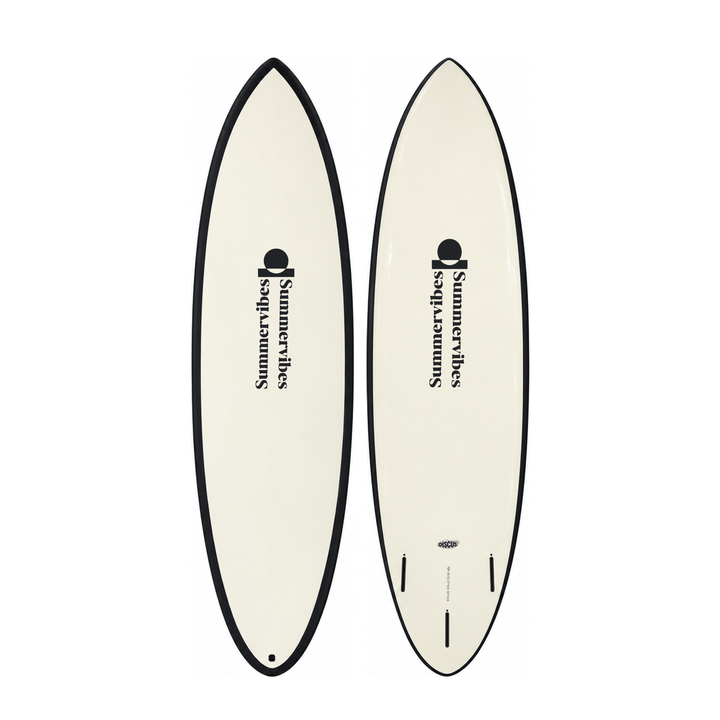 Discus 6’6 · White / Black softboard — deck and underside