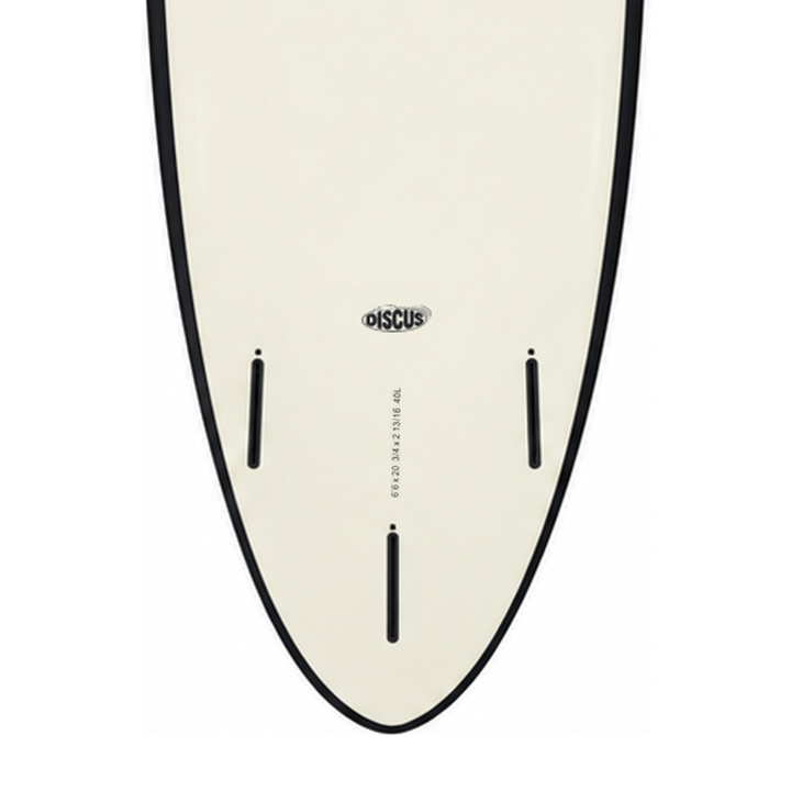 Discus 6’6 · White / Black softboard — underside model badge, size print and fin boxes