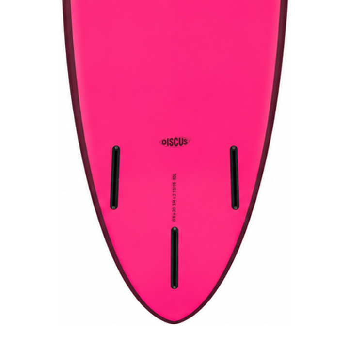 Discus 6’6 · Pink softboard — underside model badge, size print and fin boxes