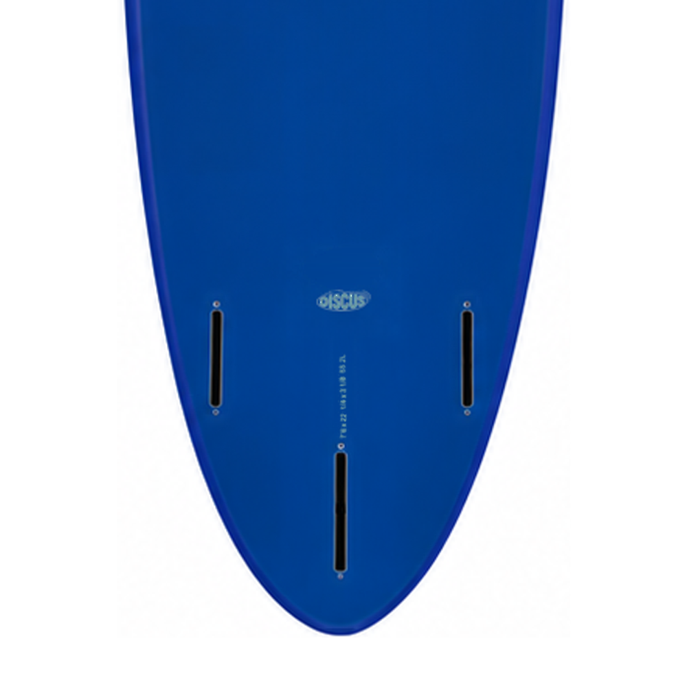 Discus 7’6 · Blue softboard — underside model badge, size print and fin boxes
