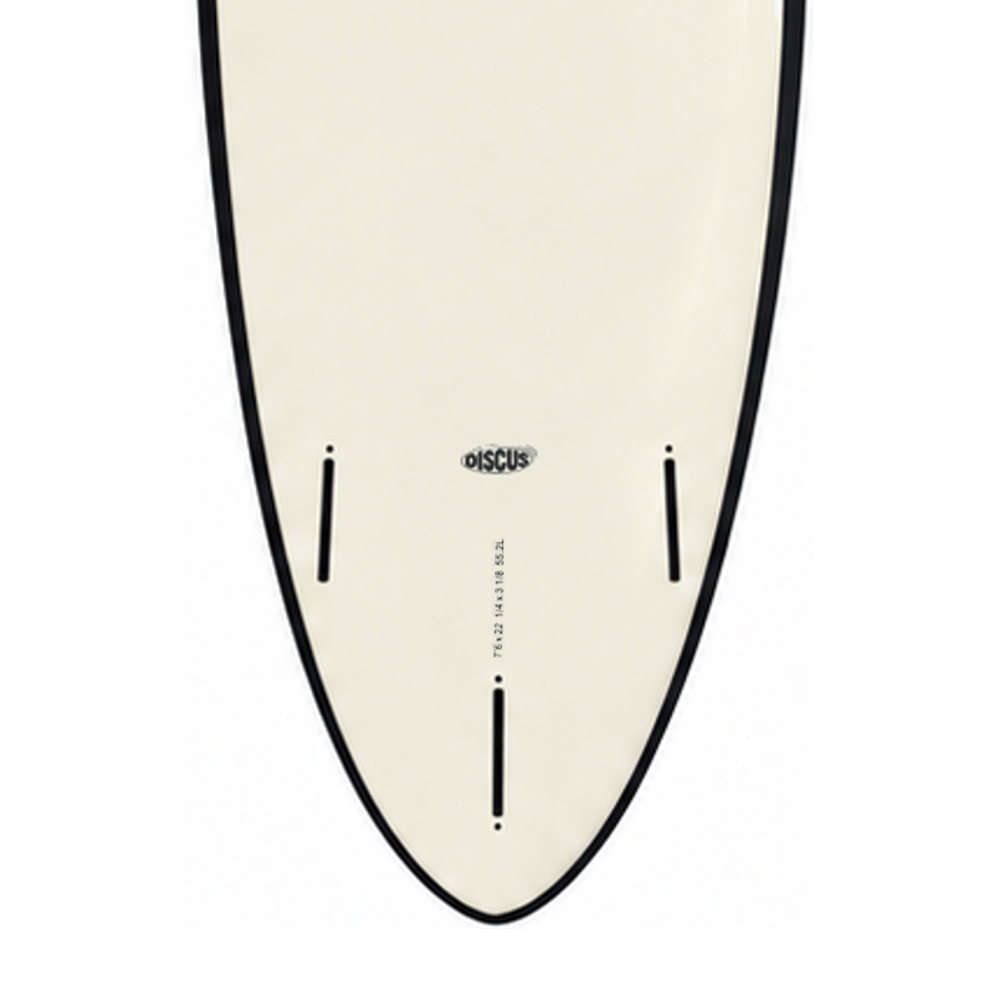 Discus 7’6 · White / Black softboard — underside model badge, size print and fin boxes