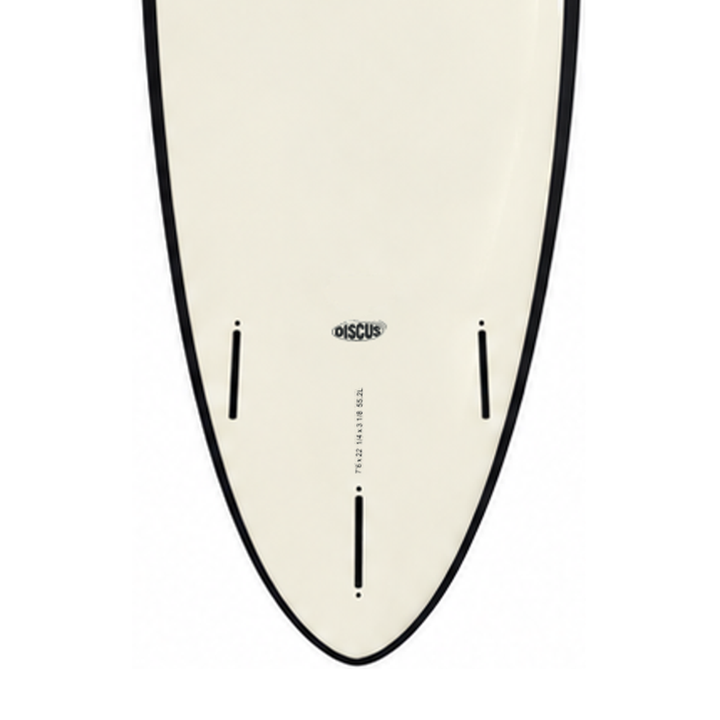 Discus 7’6 · White / Black softboard — underside model badge, size print and fin boxes