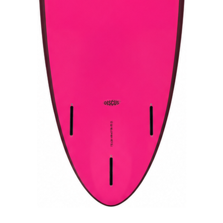 Discus 7’6 · Pink softboard — underside model badge, size print and fin boxes