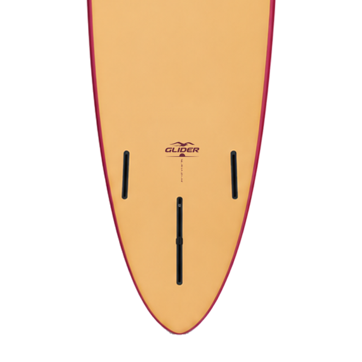 Glider 10’0 · Merlot / Tan softboard — underside model badge, size print and fin boxes