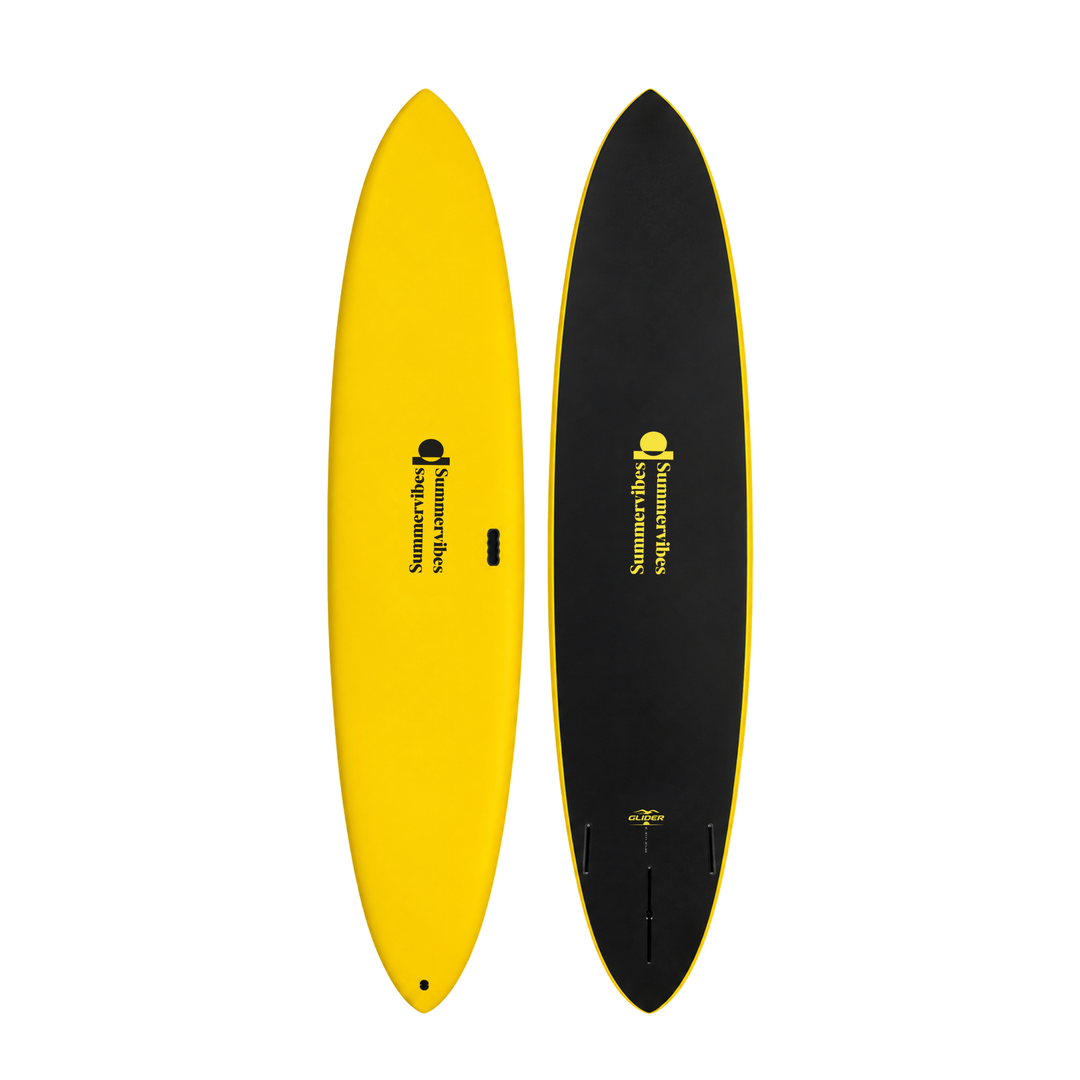 Glider 10’0 · Yellow / Black softboard — deck and underside