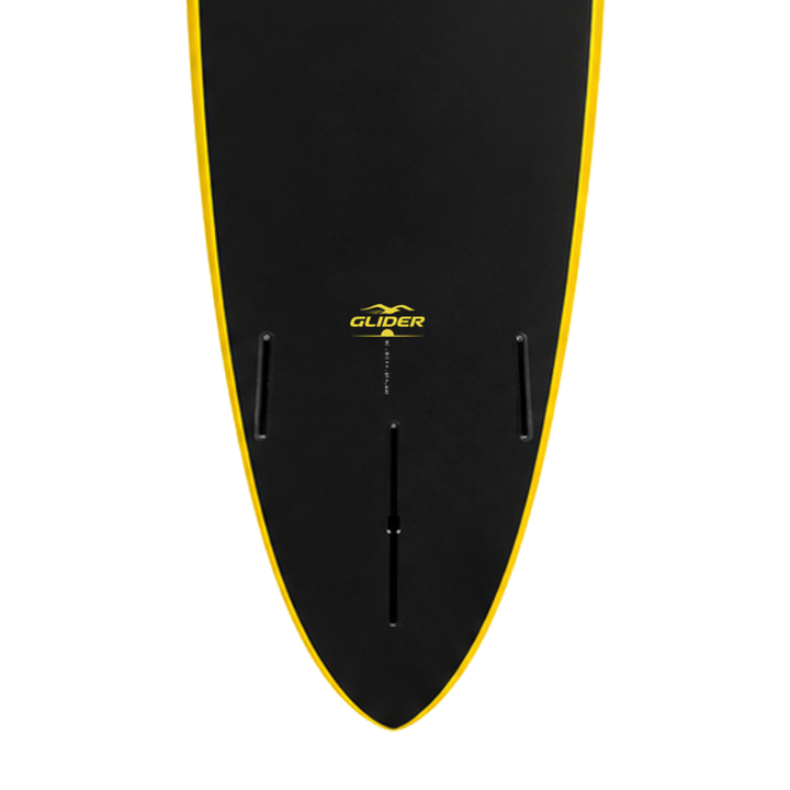 Glider 10’0 · Yellow / Black softboard — underside model badge, size print and fin boxes