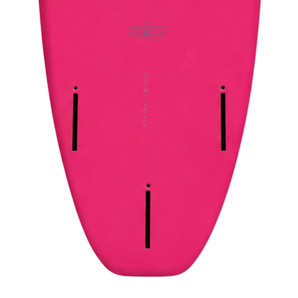 Shorty 4’8 · Rose Pink softboard — underside model badge, size print and fin boxes