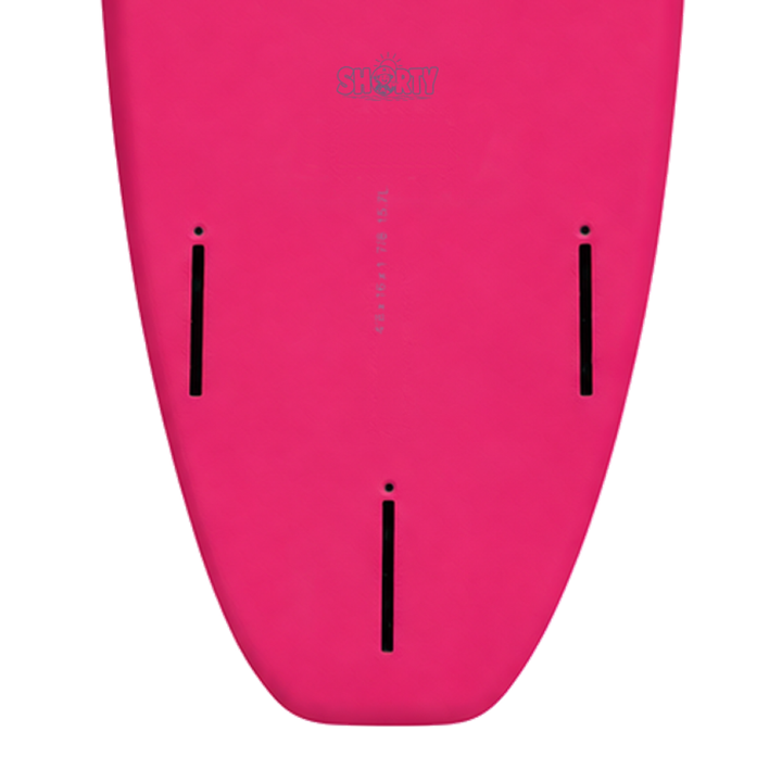 Shorty 4’8 · Rose Pink softboard — underside model badge, size print and fin boxes