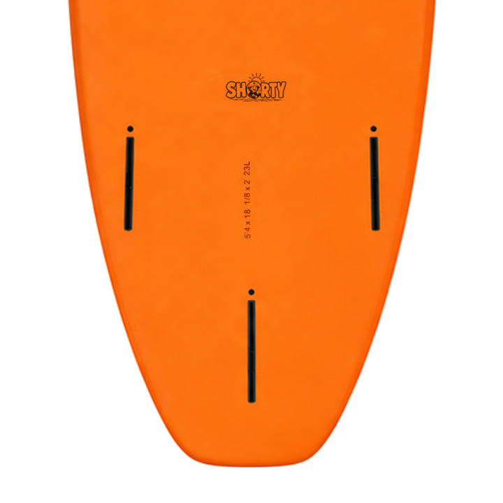 Shorty 5’4 · Orange softboard — underside model badge, size print and fin boxes