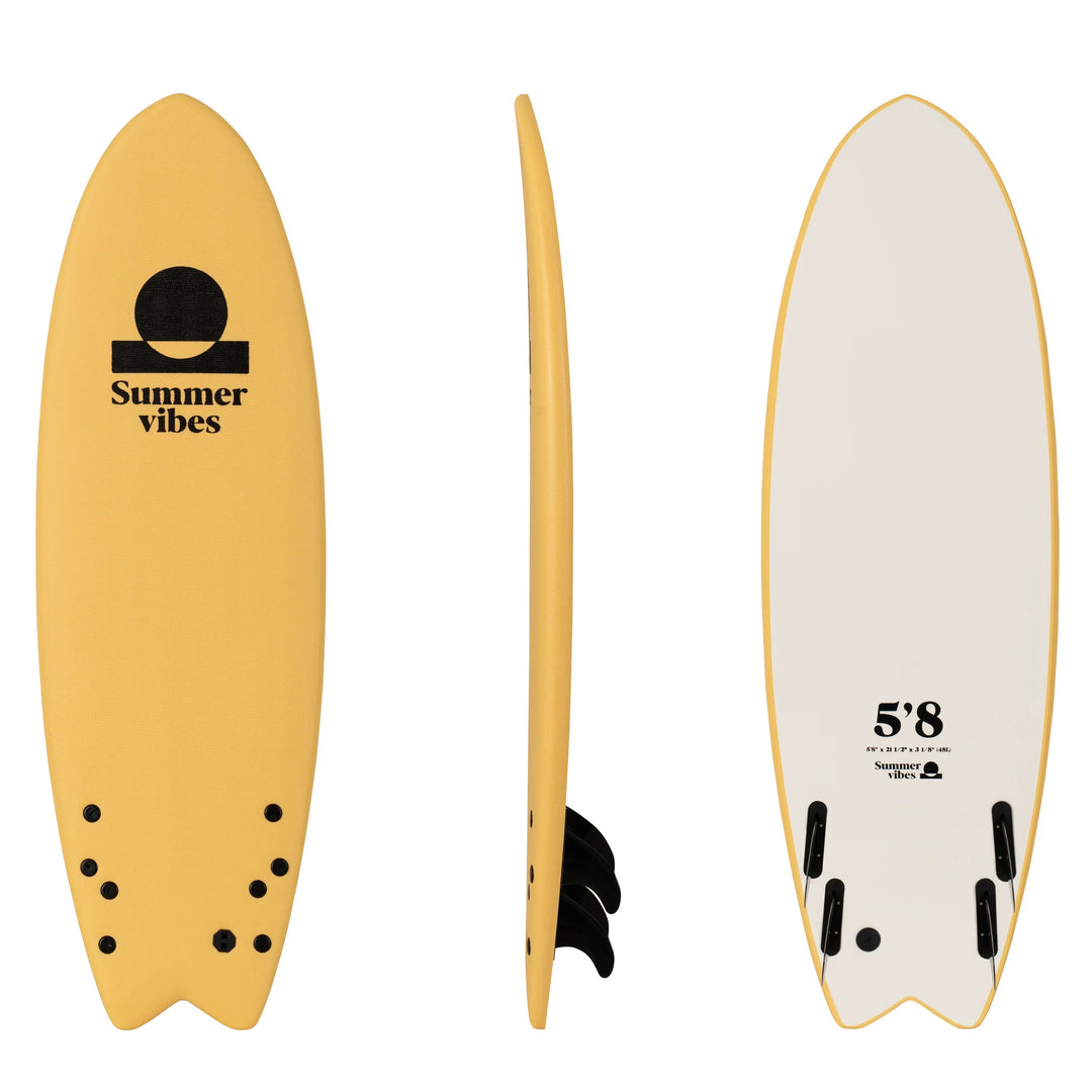 Summer vibes Quad Fish 5'8 Softboard Lt Yellow White on white