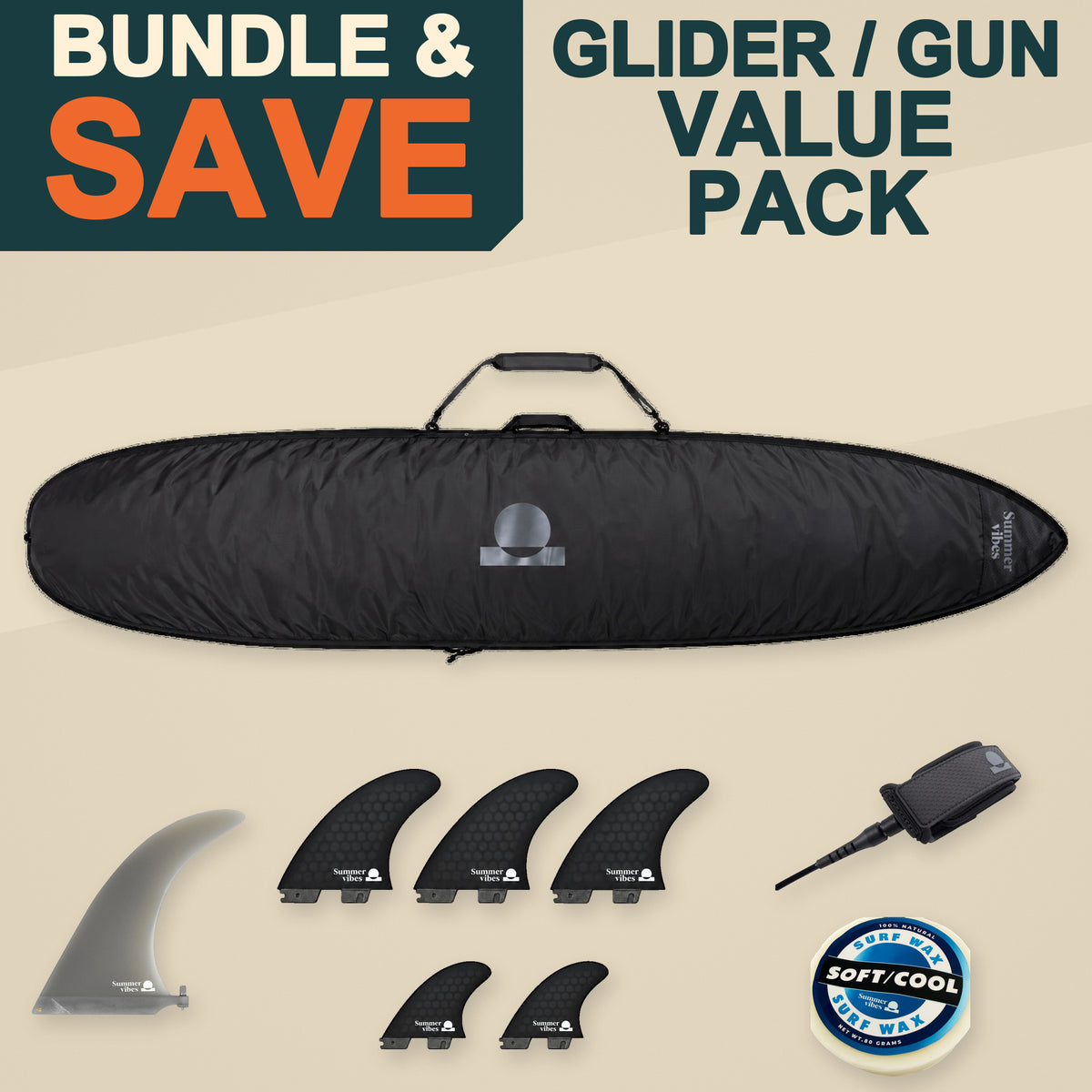 Summer vibes New Glider Value Pack – glider/gun board bag, fins, leash and wax