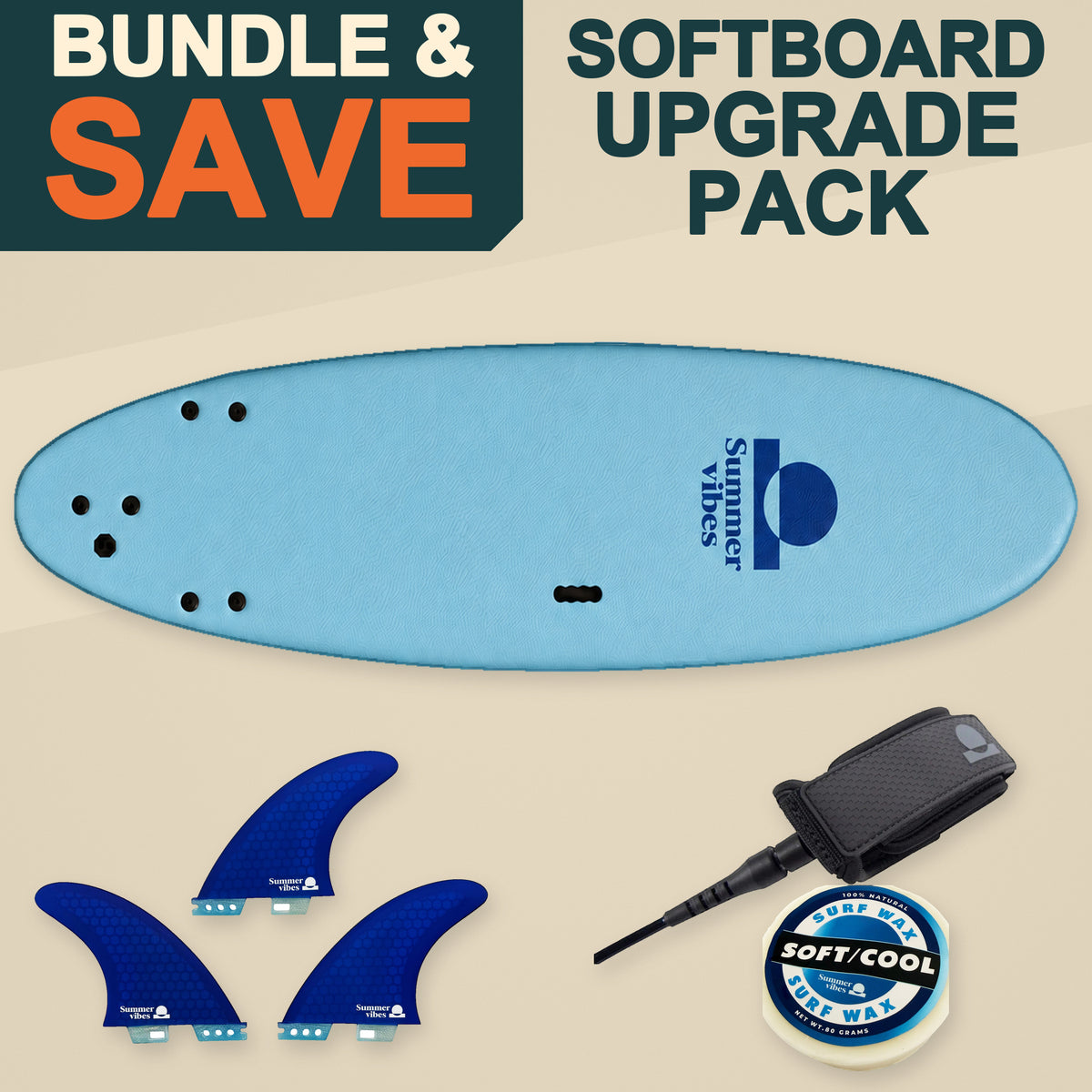 Summer vibes Softboard Upgrade Value Pack – FCS compatible fins, leash and wax