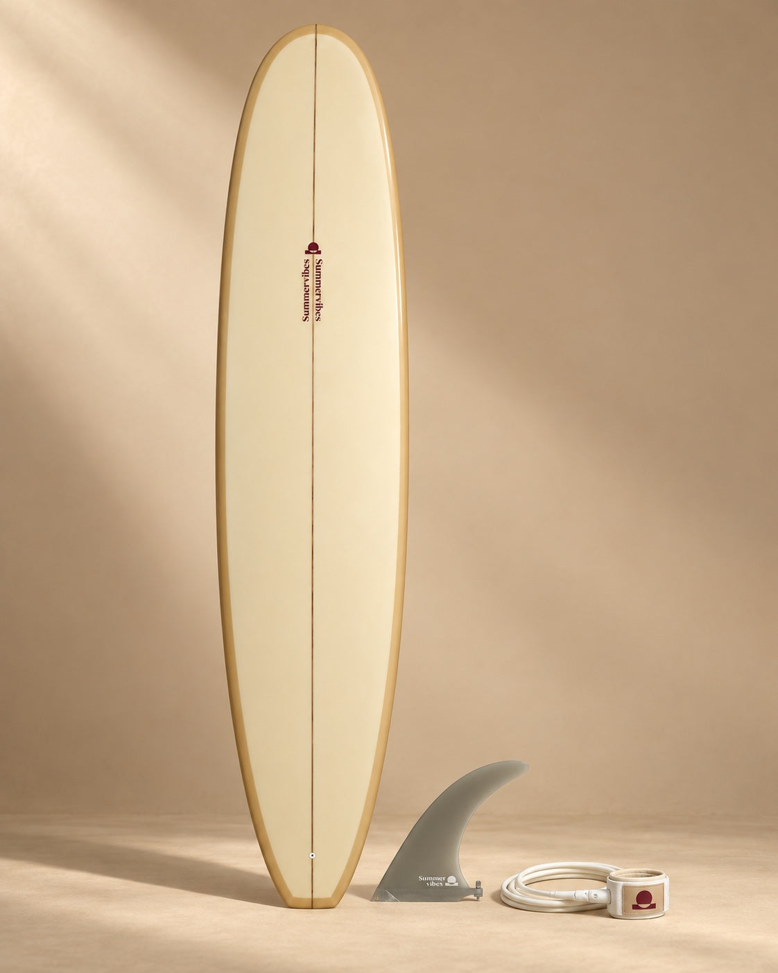 Earth and berry surfboard with coordinating fin and leash