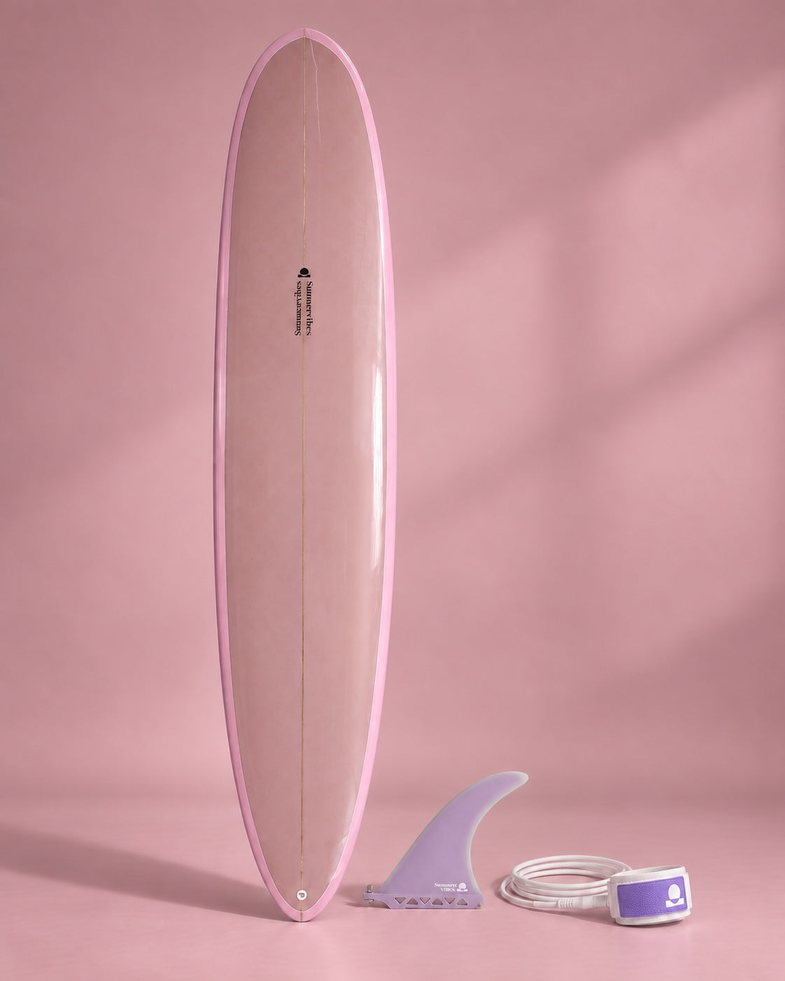 Blush pink longboard with lavender single fin and leash