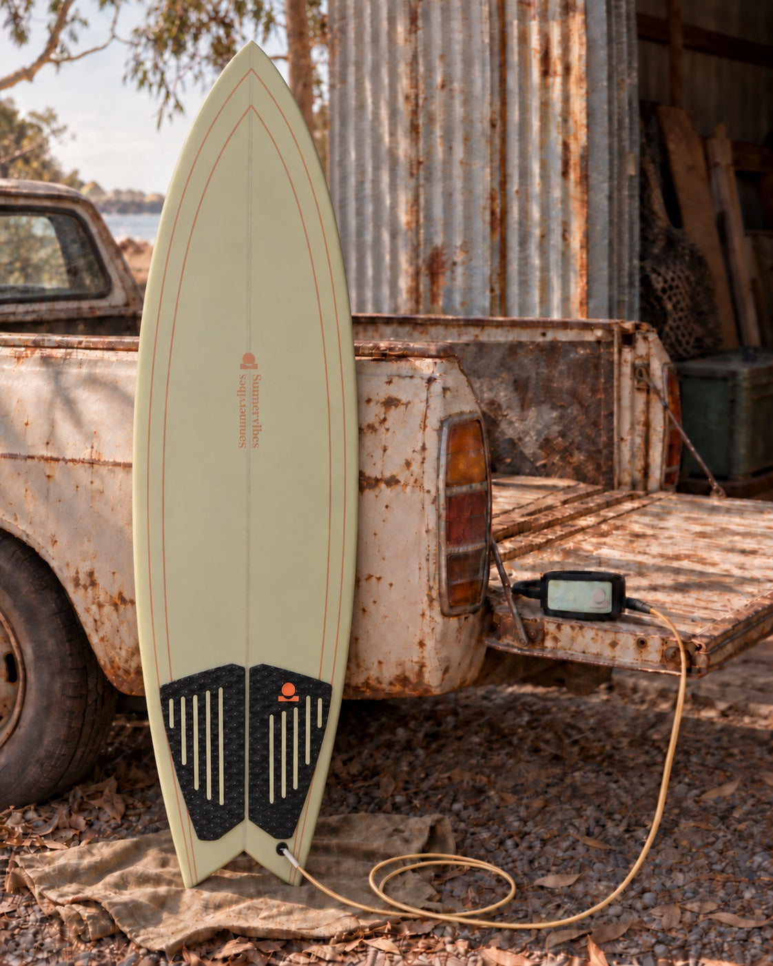 Fish surfboard with rust detailing beside a vintage ute in the Sage & Rust colour story